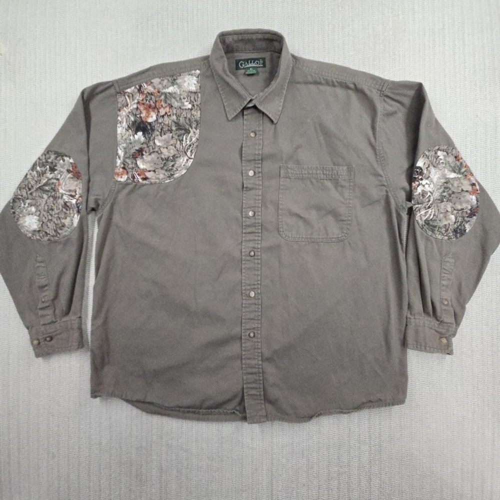 Gallop Shirt Mens XL Gray Camo Patch Long Sleeve Button Up Hunting Outdoor